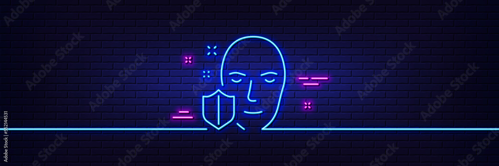 Neon light glow effect. Face detection protected line icon. Secure access sign. Facial identification symbol. 3d line neon glow icon. Brick wall banner. Face protection outline. Vector