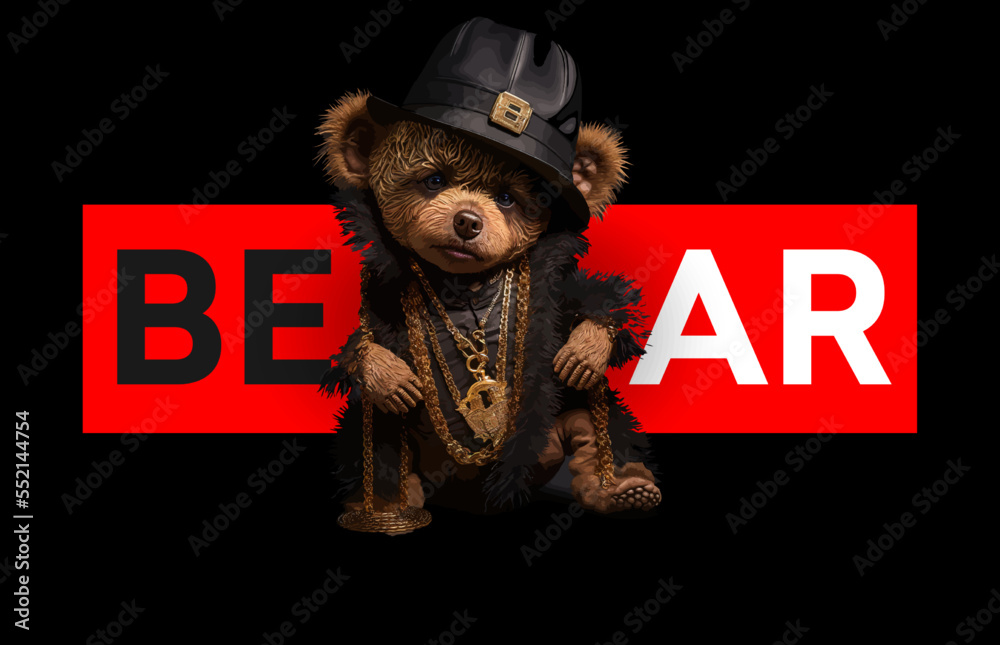 Cute, funny teddy bear in a cap and with a chain on a black background ...