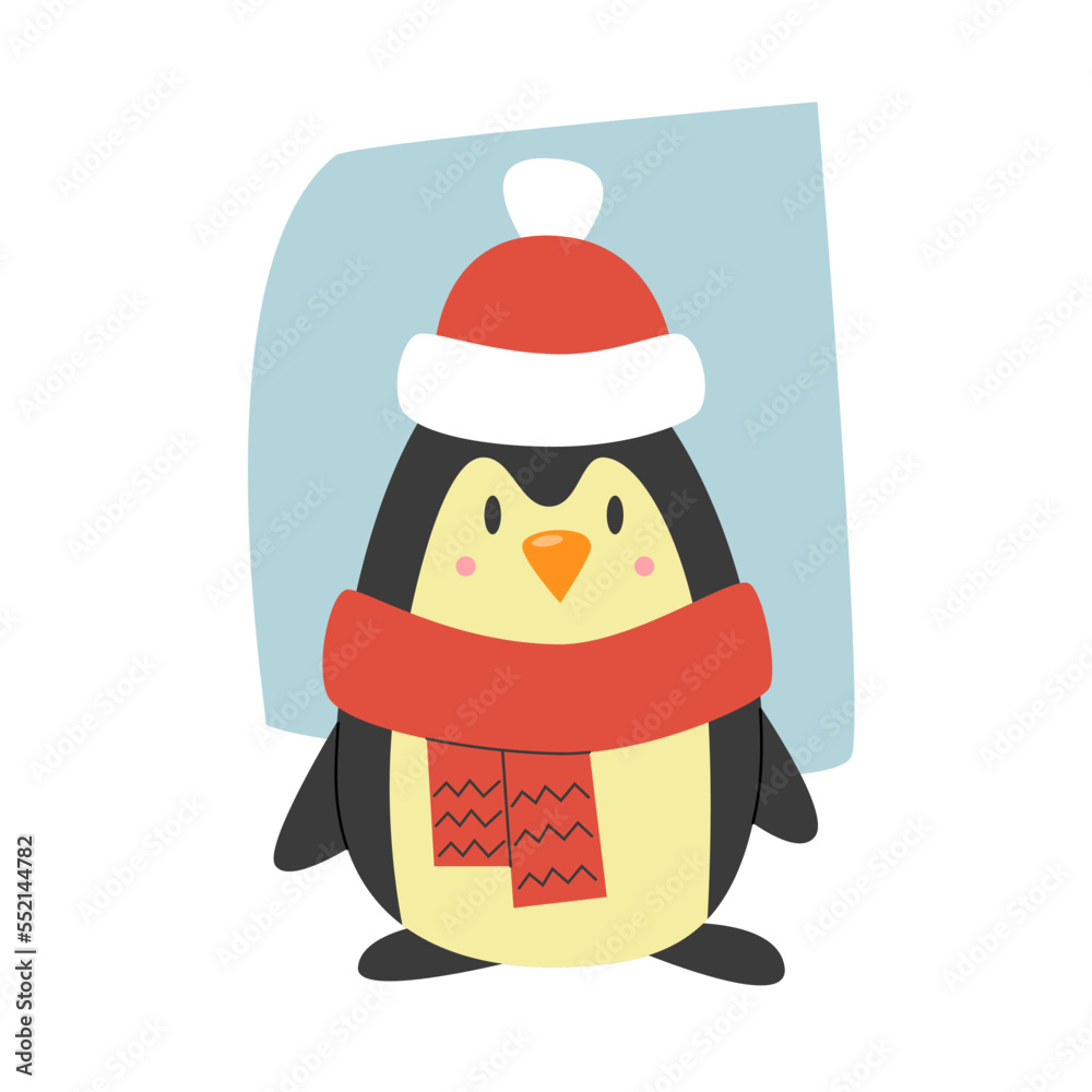 Flat vector illustration of
penguin with red cap and scarf Flat vector illustration of
penguin with red cap and scarf