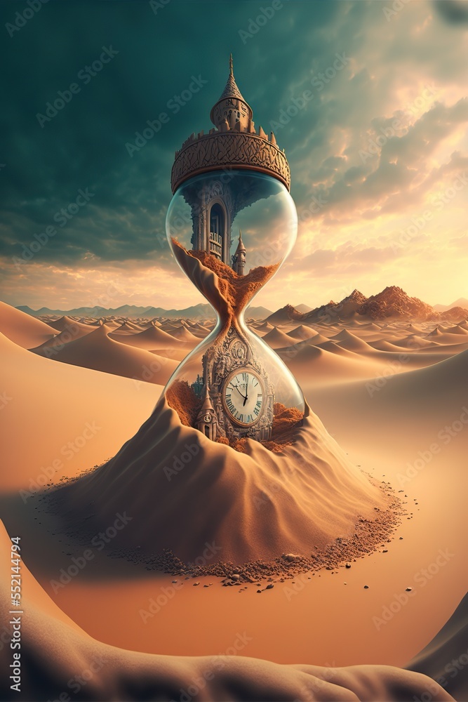 Sand clock in the desert, hourglass shape, passing of time concept