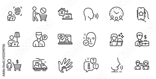 Outline set of Medical help, Work home and Human sing line icons for web application. Talk, information, delivery truck outline icon. Include Meeting time, Businessman case, Floor lamp icons. Vector