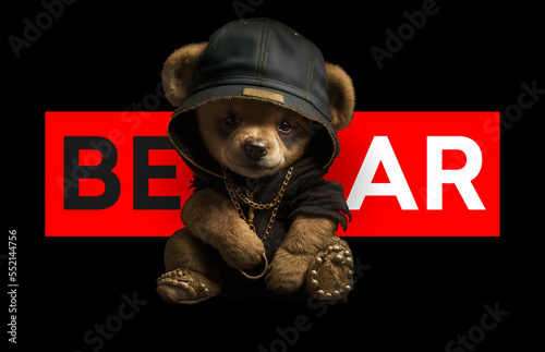 Cute, funny teddy bear in a cap and with a chain on a black background. Gangster kars slogan with a bear doll. Vector illustration