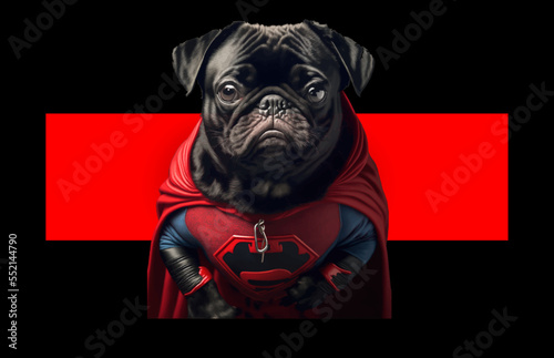 Funny cute pug in superhero clothes, isolated on a black background. A template for a T-shirt or scarf print. Vector illustration