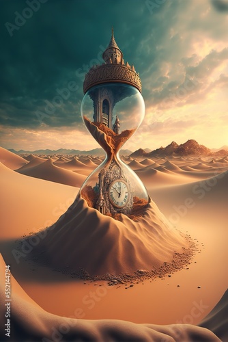 Sand clock in the desert, hourglass shape, passing of time concept, generative ai.