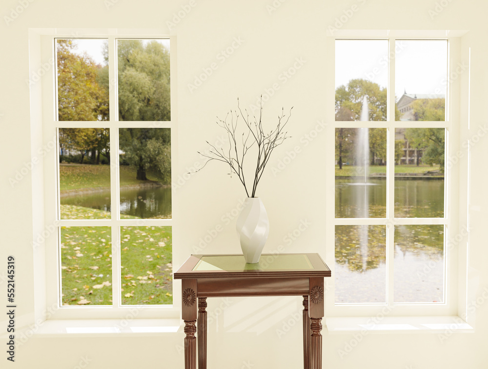 Fototapeta premium Interior with two windows and a decorative vase in the middle. Interior decoration. 3d illustration.