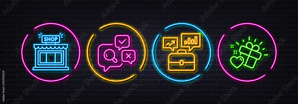 Business portfolio, Shop and Inspect minimal line icons. Neon laser 3d lights. Love gift icons. For web, application, printing. Job interview, Store, Research bubbles. Heart. Vector