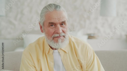 Close up view happy face of older senior adult man looking at the camera sitting on sofa at home. Smiling. Relaxing. Indoor. Modern apartment. Portrait.