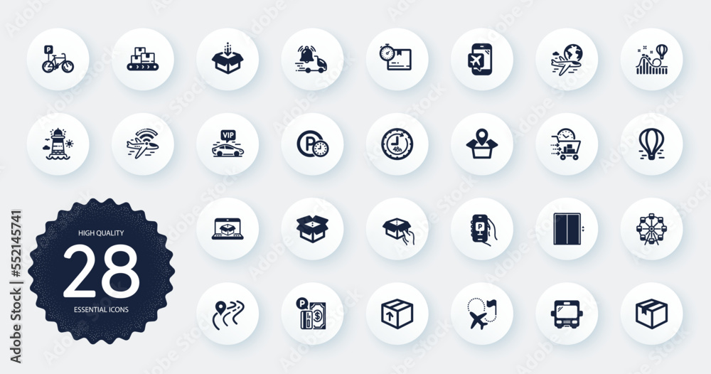 Set of Transportation icons, such as Airplane wifi, Ferris wheel and Flight mode flat icons. Bicycle parking, International flight, Wholesale goods web elements. Get box, Road. Circle buttons. Vector Set of Transportation icons, such as Airplane wifi, Ferris wheel and Flight mode flat icons. Bicycle parking, International flight, Wholesale goods web elements. Get box, Road. Circle buttons. Vector