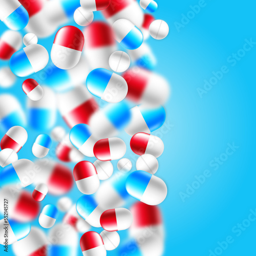 Tablets background with red and blue capsules for medicine and science