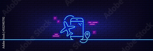 Neon light glow effect. Flights application line icon. Airplane phone app sign. Airport information symbol. 3d line neon glow icon. Brick wall banner. Flights application outline. Vector