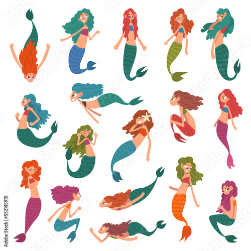 Mermaid or Seamaid with Lush Hair Floating Underwater Big Vector Set photo