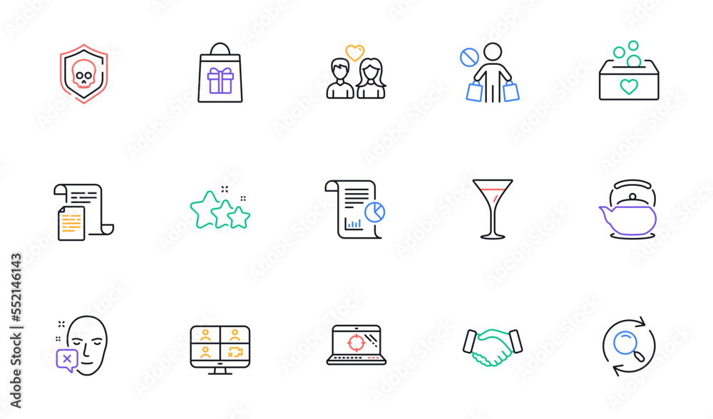 Teapot, Handshake and Martini glass line icons for website, printing. Collection of Holidays shopping, Seo laptop, Report icons. Cyber attack, Donation, Stars web elements. Stop shopping. Vector