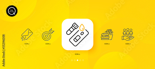 Burger, Best buyers and Covid test minimal line icons. Yellow abstract background. E-mail, Target icons. For web, application, printing. Cheeseburger, Customers care, Blood testing. Vector
