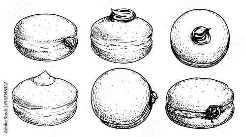 Hand drawn sketch style Italian Bombolone set. Baked with chocolate and white cream inside. Traditional Italian desserts. Best for packaging and menu designs. Vector illustrations. photo