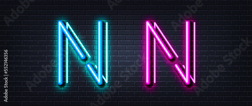 Initial letter N icon. Neon light line effect. Line typography character sign. Large first font letter. Glowing neon light element. Letter N glow 3d line. Brick wall banner. Vector