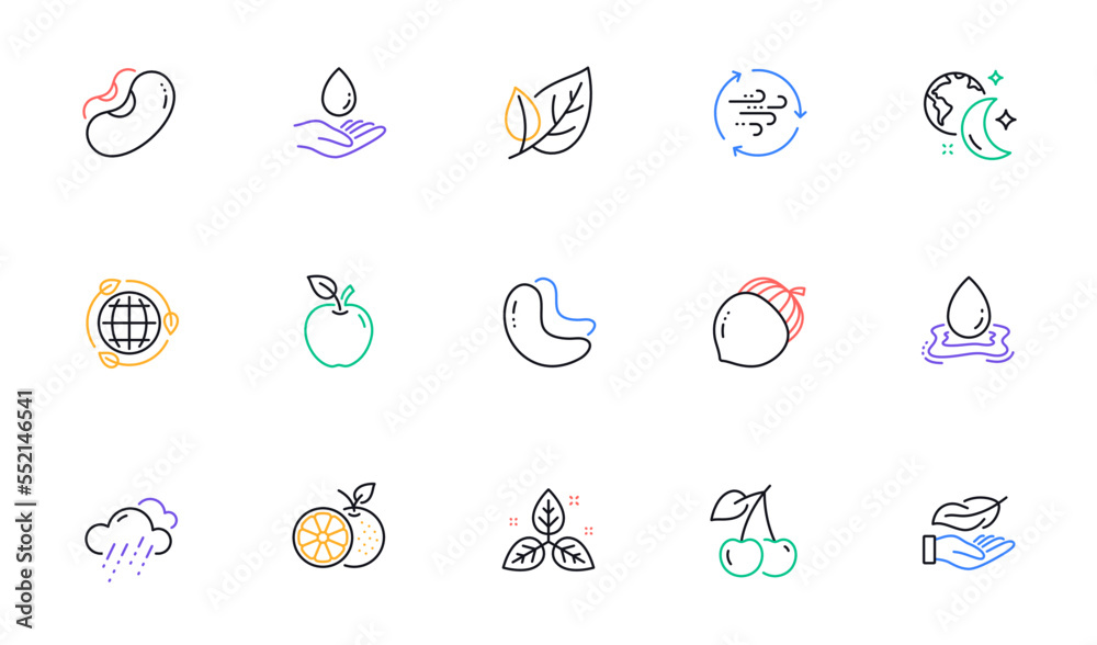 Leaf, Cashew nut and Eco energy line icons for website, printing. Collection of Fair trade, Wind energy, Cherry icons. Apple, Orange, Water care web elements. Rainy weather, Acorn, Lightweight. Vector