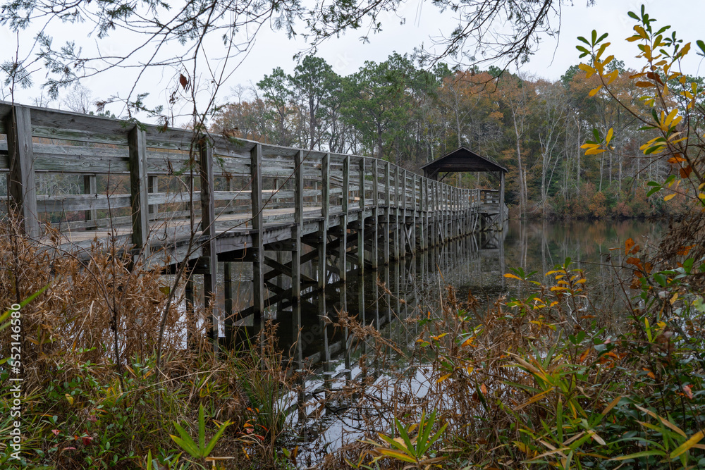 Wooden bridge over a lake, from the side Wooden bridge over a lake, from the side