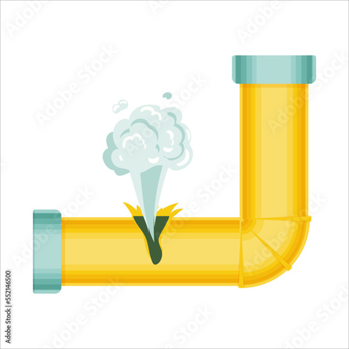 Broken pipes with a leak of steam or lead gas, rupture of the pipeline. Dripping faucet, problems with water supply, broken pipes. Wind illustration isolated on white background.