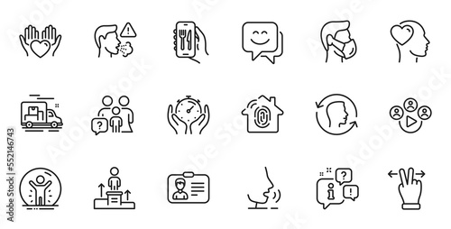 Outline set of Touchscreen gesture, Cough and Restaurant app line icons for web application. Talk, information, delivery truck outline icon. Vector