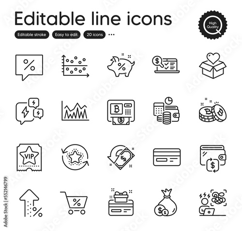 Set of Finance outline icons. Contains icons as Discount message, Bitcoin and Increasing percent elements. Stress, Budget accounting, Loyalty points web signs. Online accounting. Vector