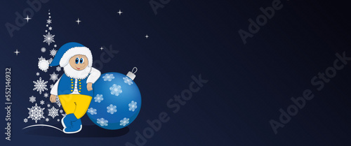 Santa Claus in blue and yellow clothing with a Christmas ball and a snowflake tree on a blue background. Festive Christmas background. Postcard, invitation, winter discount flyer.