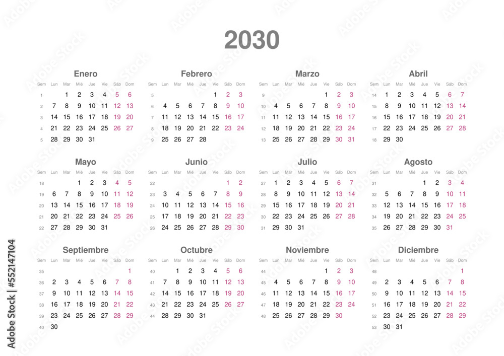 Kalender 2030, spanisch, Querformat