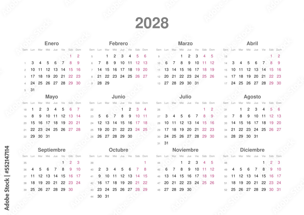 Kalender 2028, spanisch, Querformat