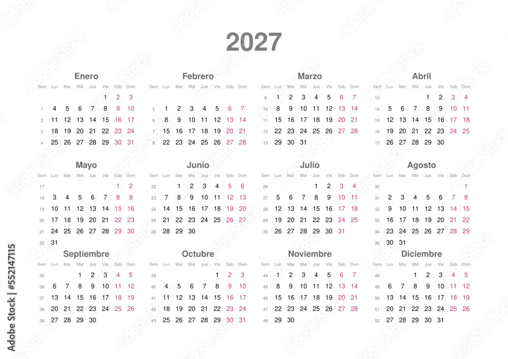 Kalender 2027, spanisch, Querformat