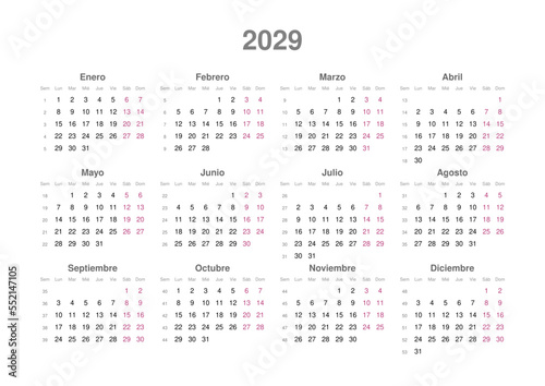 Kalender 2029, spanisch, Querformat