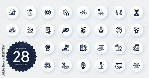 Set of Sports icons, such as Bicycle, Mountain flag and Flag flat icons. Winner, Dumbbell, Ole chant web elements. Winner cup, Certificate, Cardio bike signs. Cardio calendar. Circle buttons. Vector