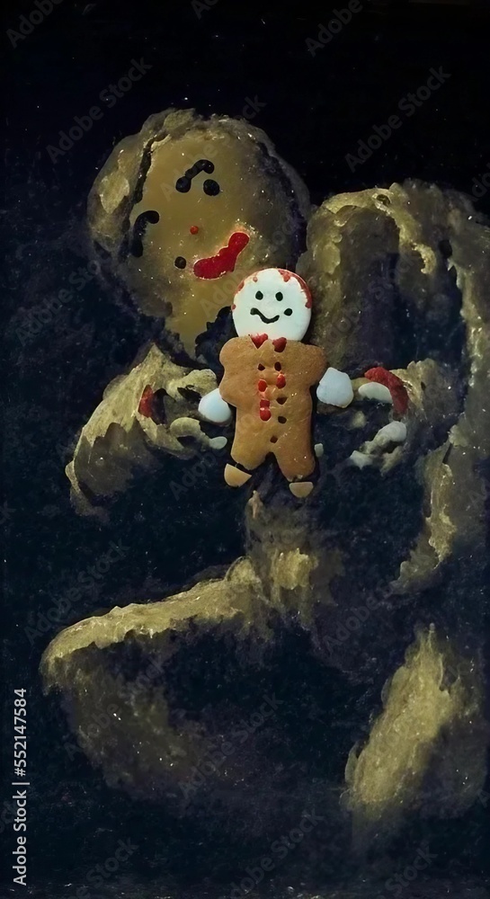Fototapeta premium Gingerbread man version of Goya's Saturn Devouring His Son, oil painting style, generative ai design