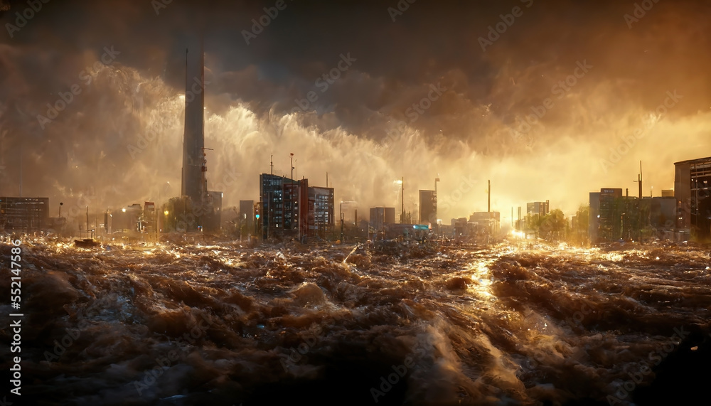 Post apocalyptic city being destroyed by water. Deadly wave. End of the world concept art. 