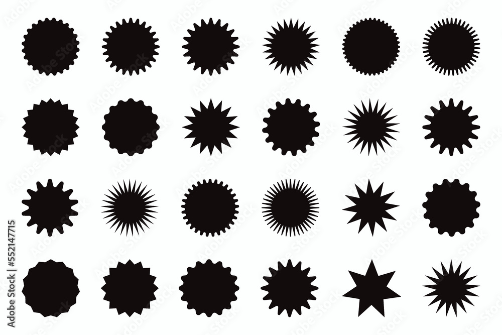 Retro stars, sunburst design elements for sale sticker, price tag, quality mark. Black beams firework. Flat vector illustration Isolated on white background. Retro stars, sunburst design elements for sale sticker, price tag, quality mark. Black beams firework. Flat vector illustration Isolated on white background.