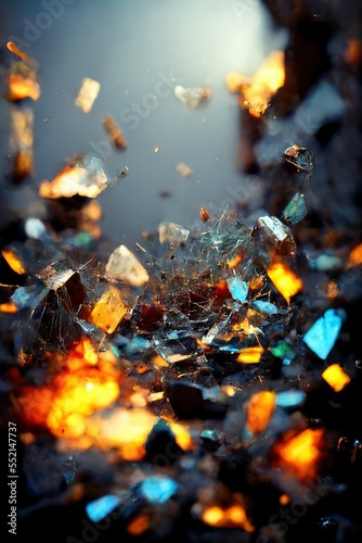 shattered broken bits of glass crystal. 