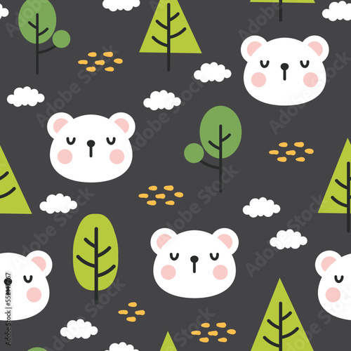 cute polar bear dark black scandinavian forest seamless pattern wallpaper, kids cute woodland animals with clouds and pines fabric and textile print design.