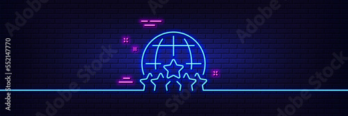 Neon light glow effect. Global business line icon. Outsourcing rating sign. Stock-market rank symbol. 3d line neon glow icon. Brick wall banner. Rating stars outline. Vector