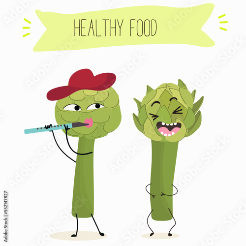 Illustration with funny artichoke character. Funny and healthy food. Vitamins contained in the artichoke. Food with a cute face. Vector cartoon.