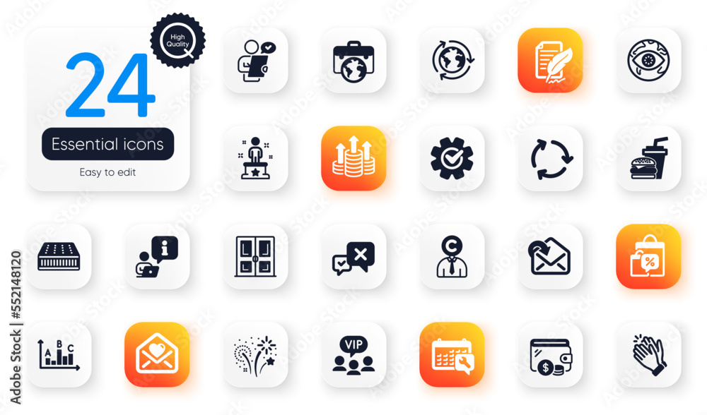 Set of Business flat icons. Spanner, Hamburger and Success elements for web application. Interview, Vip clients, Survey results icons. Feather signature, Love letter, Receive mail elements. Vector