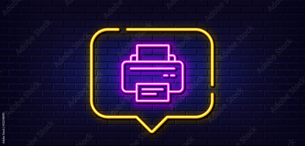 Neon light speech bubble. Printer icon. Printout Electronic Device sign. Office equipment symbol. Neon light background. Printer glow line. Brick wall banner. Vector Neon light speech bubble. Printer icon. Printout Electronic Device sign. Office equipment symbol. Neon light background. Printer glow line. Brick wall banner. Vector