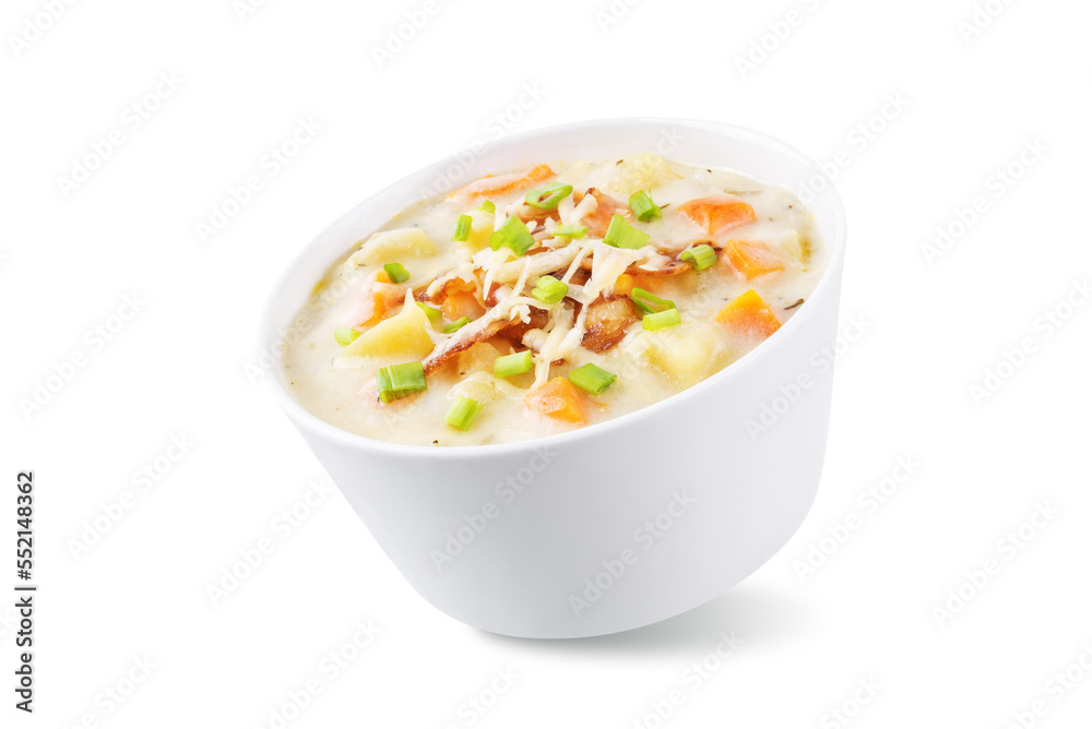 Fresh hot chowder soup with fried bacon slices and shredded cheese in a bowl on a white isolated background