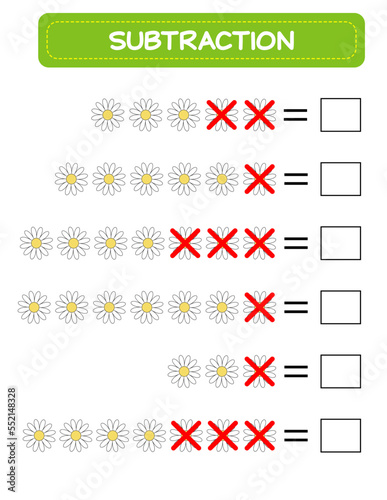Subtraction.  Math worksheet for kids. Developing numeracy skills. Solve examples and write. Mathematics. Vector illustration.Educational math children game. Subtraction for kids