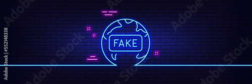 Neon light glow effect. Fake news line icon. Internet propaganda sign. Wrong truth symbol. 3d line neon glow icon. Brick wall banner. Fake news outline. Vector
