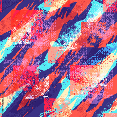 Abstract seamless geometric pattern. Grungy textured background with chequered shape. Geometrical cover print for sport textile, fashion clothes, wrapping paper. Grunge Squares repeat ornament