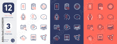 Set of Group, Stop talking and Approved message line icons. Include Statistics, Search calendar, Accounting checklist icons. Cloud sync, Ssd, Bitcoin think web elements. Attachment. Vector