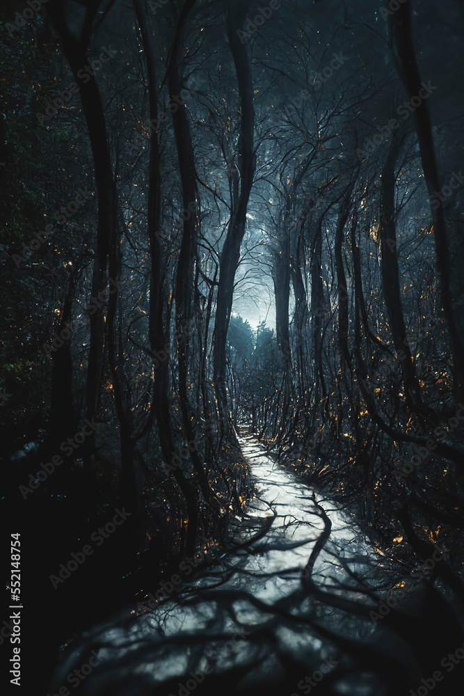 Spooky horror forest landscape. Path in the woods. Curly dry branches. Misty and foggy. Stormy night.