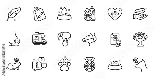 Outline set of Water bowl, Feather and Pet friendly line icons for web application. Talk, information, delivery truck outline icon. Include Elephant on ball, Dog competition, Pets care icons. Vector