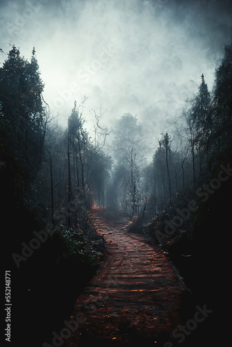 Spooky horror forest landscape. Path in the woods. Curly dry branches. Misty and foggy. Stormy night.