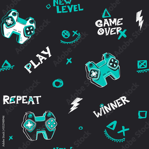 Gamepad seamless pattern. Vector gaming repeat print for sport textile, fashion clothes, wrapping paper. Words Winner, game over.