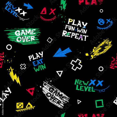 Abstract seamless gamepads pattern with lightnings and text New level, game over, play. Cartoon game pads repeat ornament. Gaming cover print for sport textile, wrapping paper.