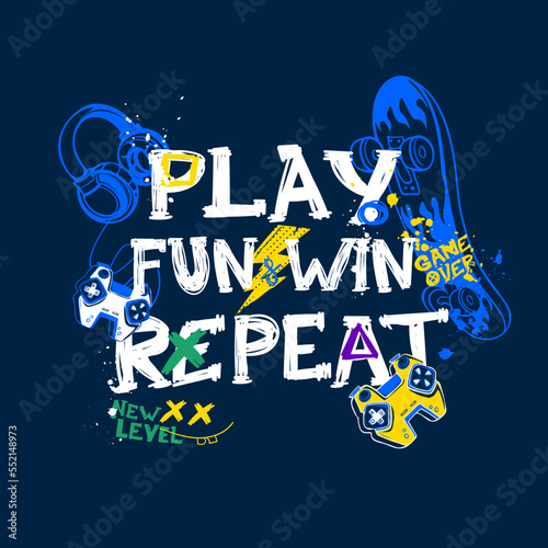 Teenager poster with gamepad, skateboard, headphones linear illustration, text New level, Play, fun, eat, repeat. 
Gaming lettering composition.